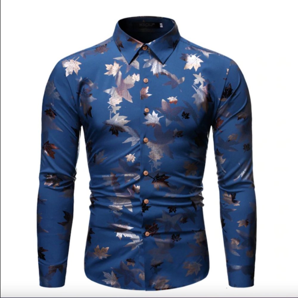 Men Blue Long Sleeve Silk Floral Autumn Printed Shirt Size L